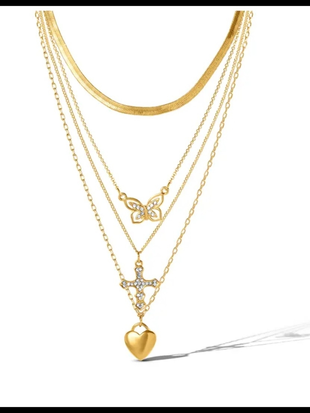 Jessica Simpson Gold Layered Butterfly Cross Heart Necklace